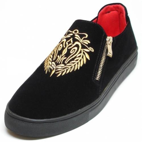 Fiesso Black Leather Embroidery Loafer Shoes With Zipper FI2139